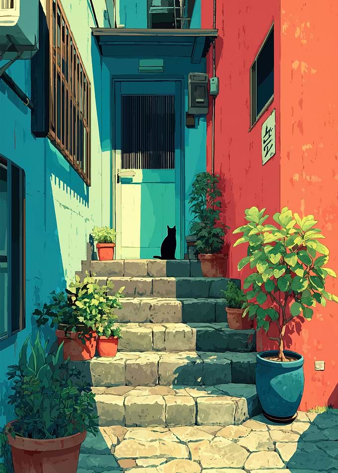 Japanese Alleyway with Black Cat