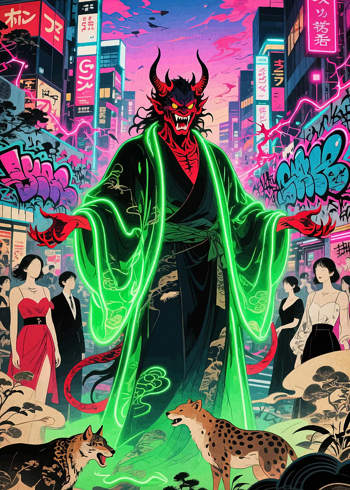 Cyberpunk Demon in Neon Cityscape
