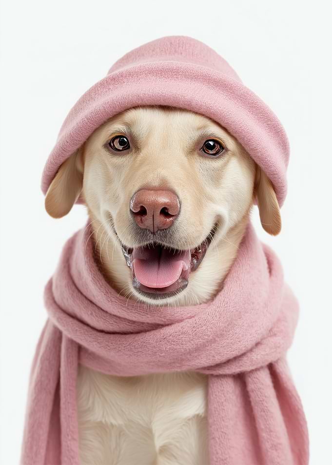 Cozy Labrador Retriever dog in Pink Hat and Scarf
