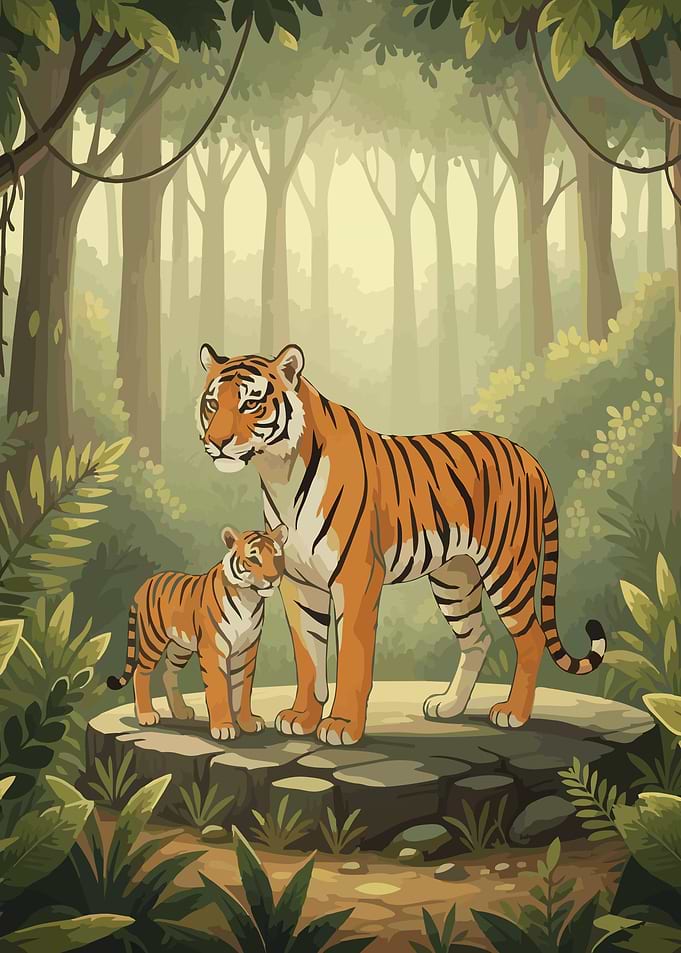 Tiger and Cub in Jungle Illustration