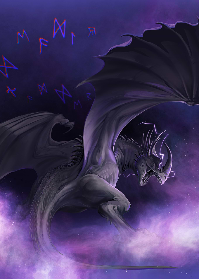 Dragon in a mystical purple sky