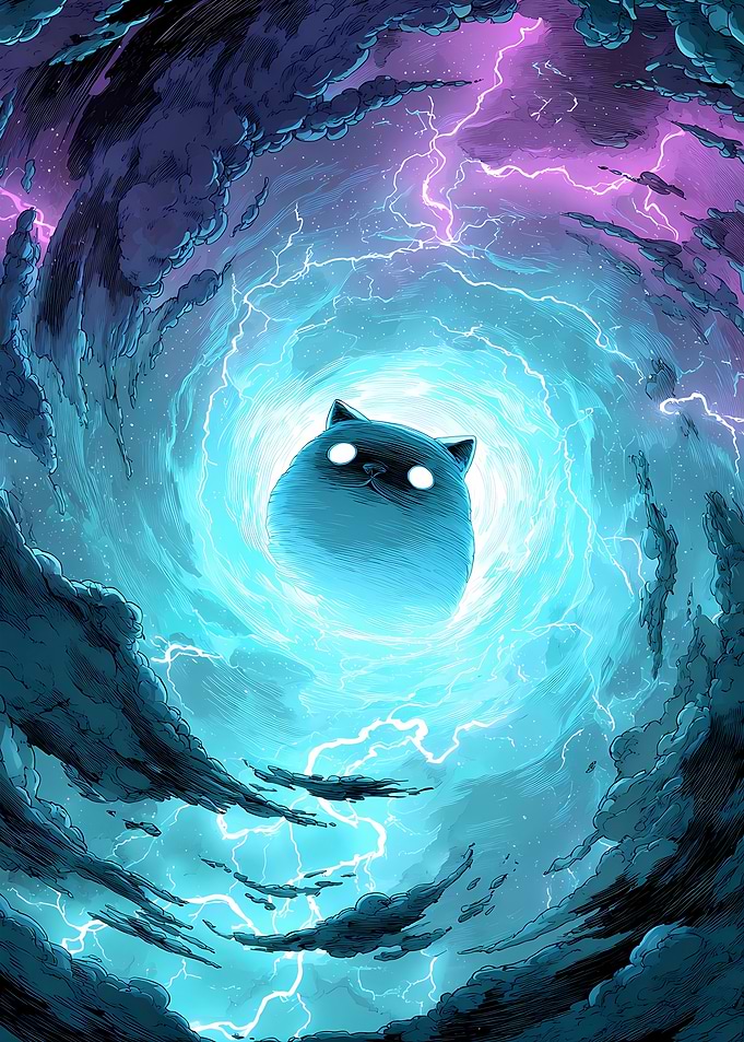 Cosmic Dark Cat in Stormy Fantasy Sky