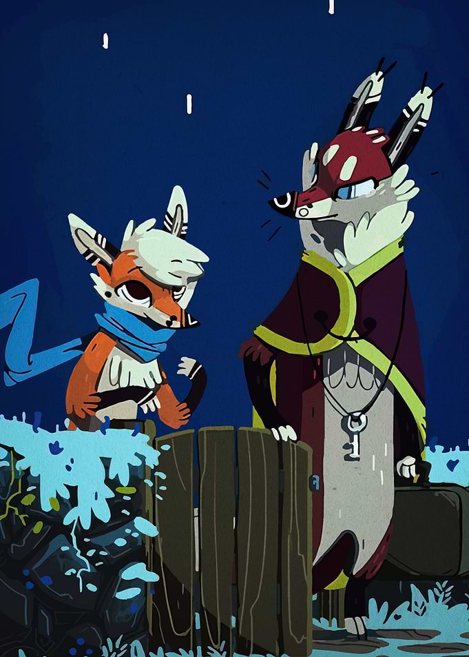 Fox Characters by Fence at Night
