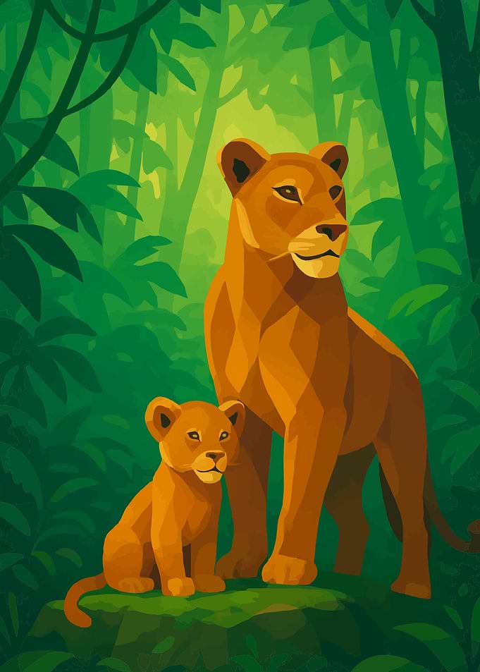 Lioness and Cub in Jungle