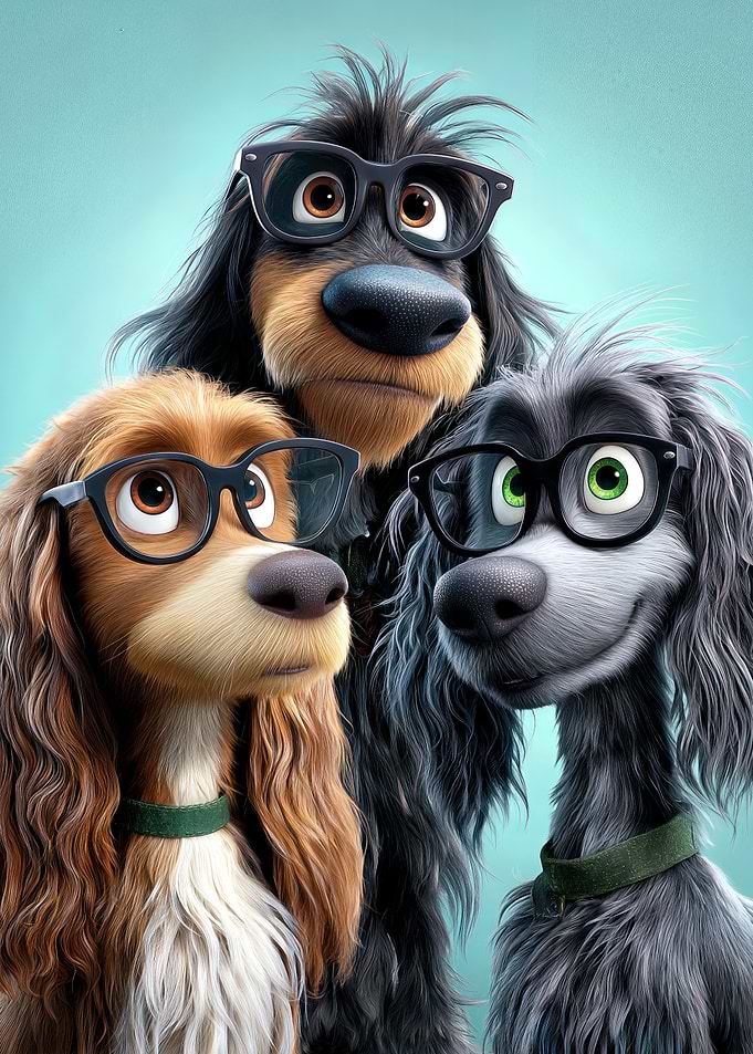Three dogs wearing glasses