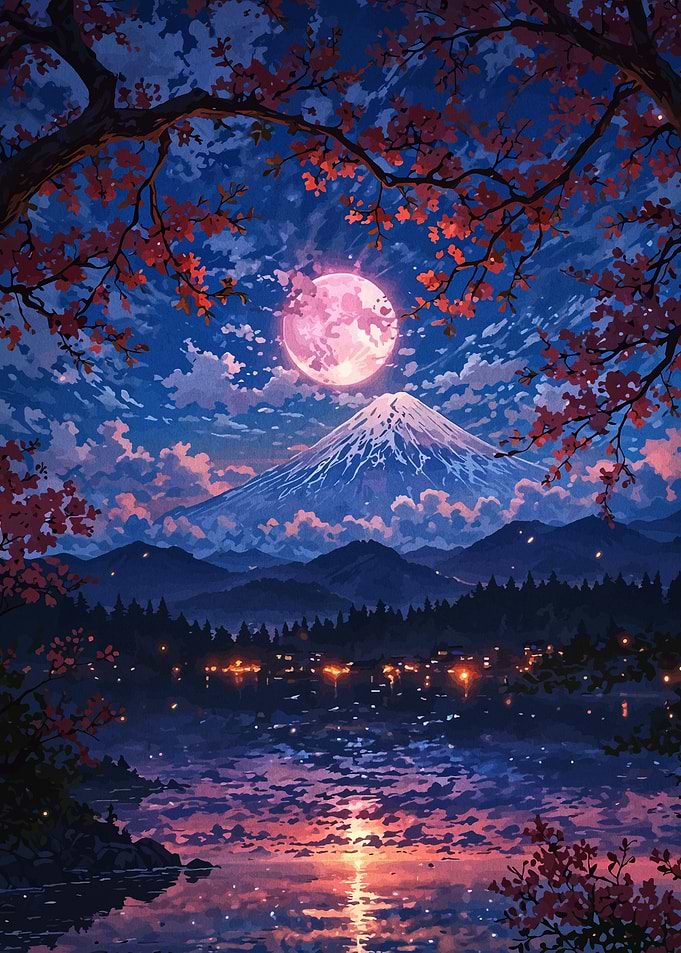 Mount Fuji under a Pink Moon