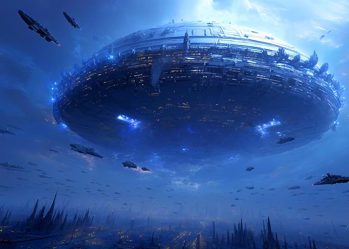 Futuristic Cityscape with Flying Saucer