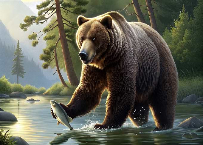 Grizzly Bear Catching Fish in River
