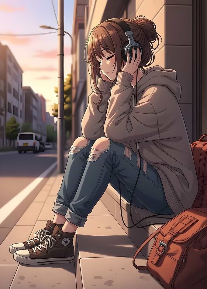 Anime Girl Listening to Music Outdoors