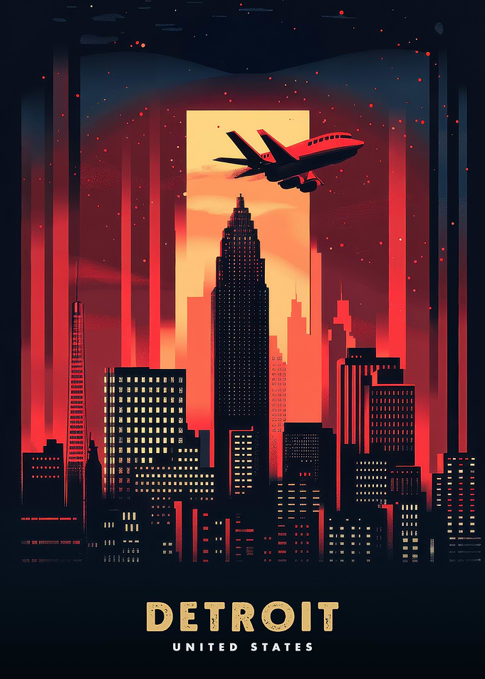 Detroit Skyline with Airplane Illustration