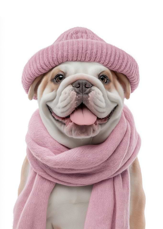 Cozy Bulldog with Pink Hat and Scarf