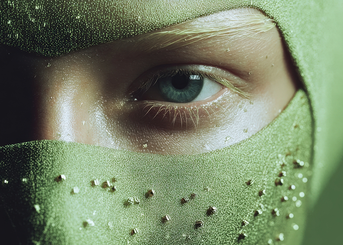 Green Masked Face Close-Up