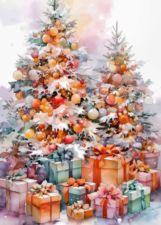 Watercolor Christmas Trees and Gifts