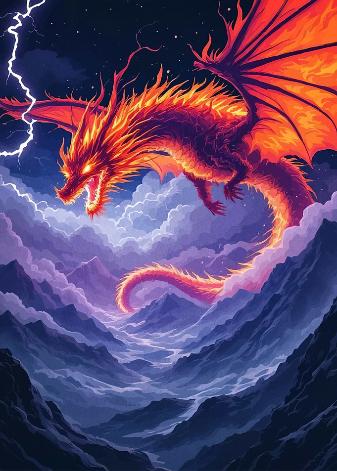 Fiery Dragon Over Mountain Landscape