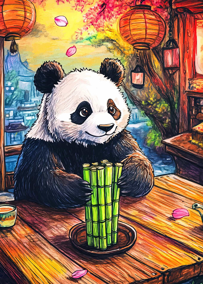 Panda with Bamboo in Asian Setting
