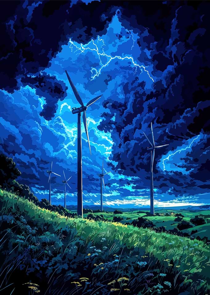 Wind Turbines Under Stormy Sky
