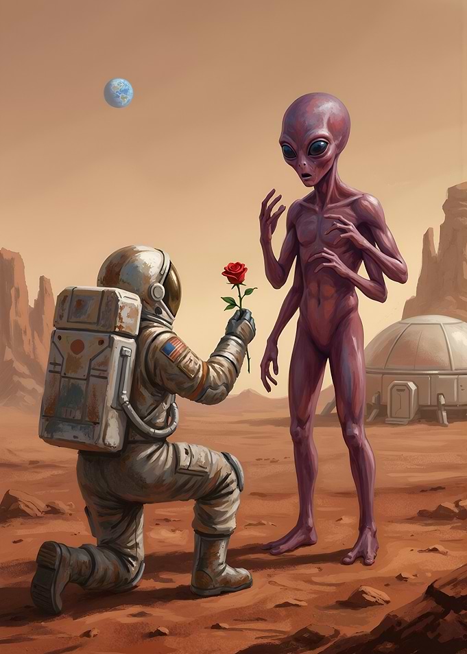 Astronaut offering rose to alien on Mars
