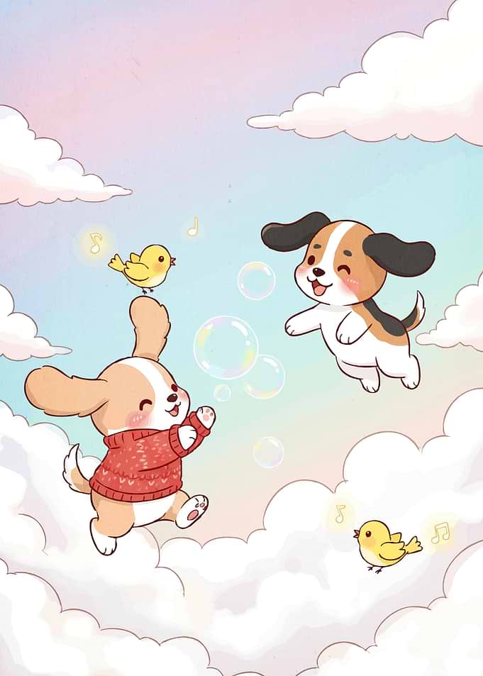 Cartoon Dogs and Birds Clouds