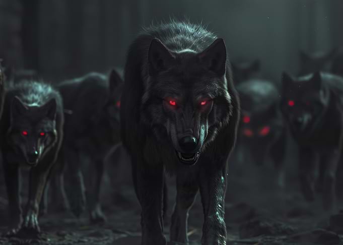 Pack of Wolves with Red Eyes