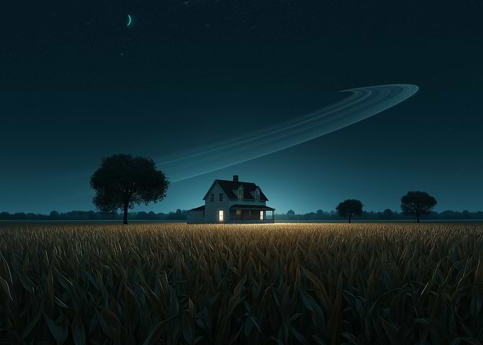 Rural House Under Ringed Planet Sky