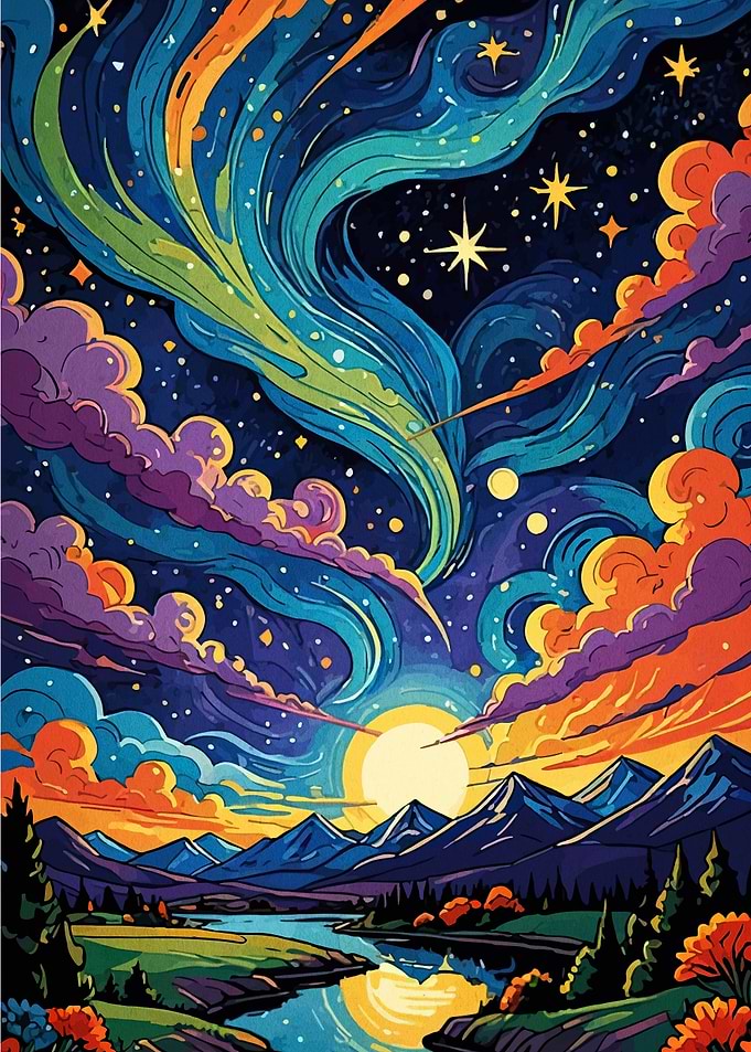 Colorful Landscape with Aurora Borealis