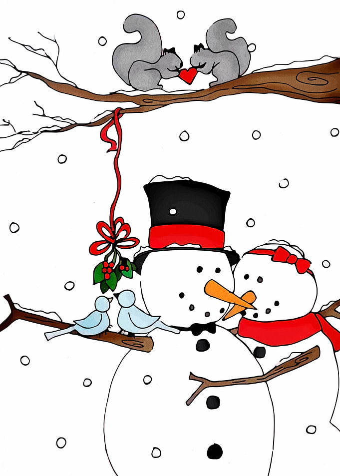 Snowman Couple with Squirrels in Winter