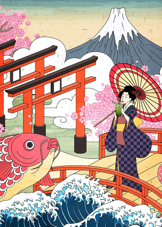 Japanese Landscape with Geisha and Koi