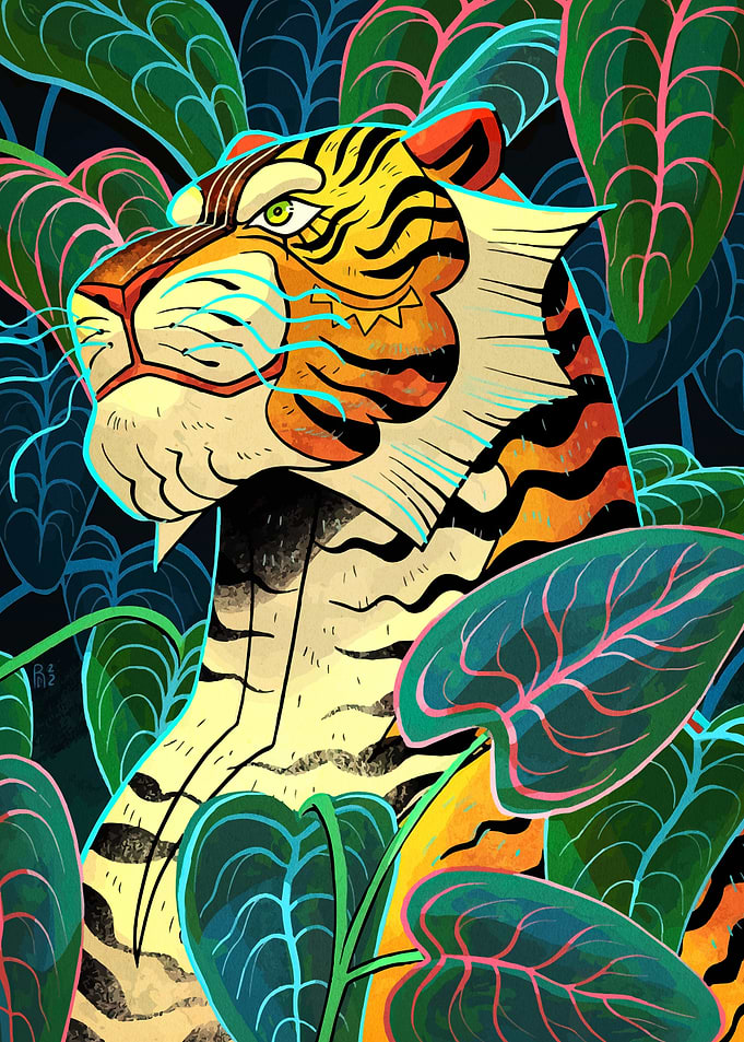 Tiger in Tropical Foliage Illustration