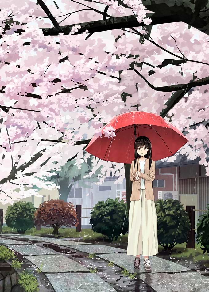 Anime girl with umbrella in the rain