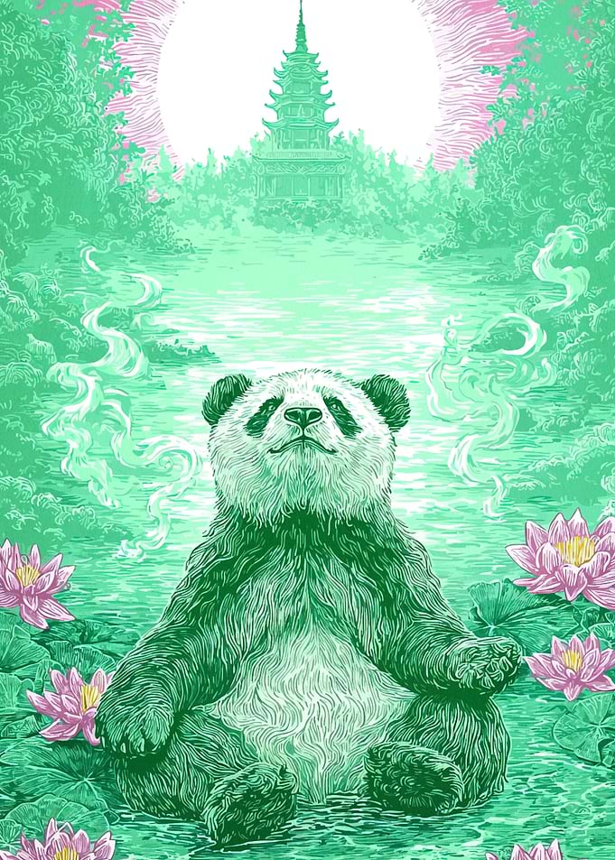 Meditating Panda Asian Landscape