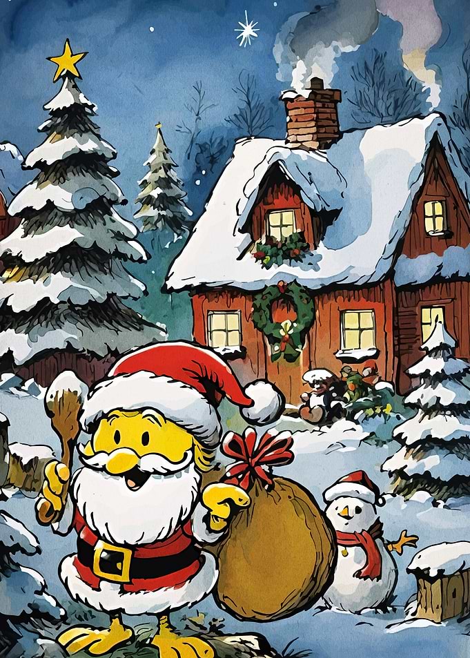 Cartoon Santa Chicken Christmas Scene