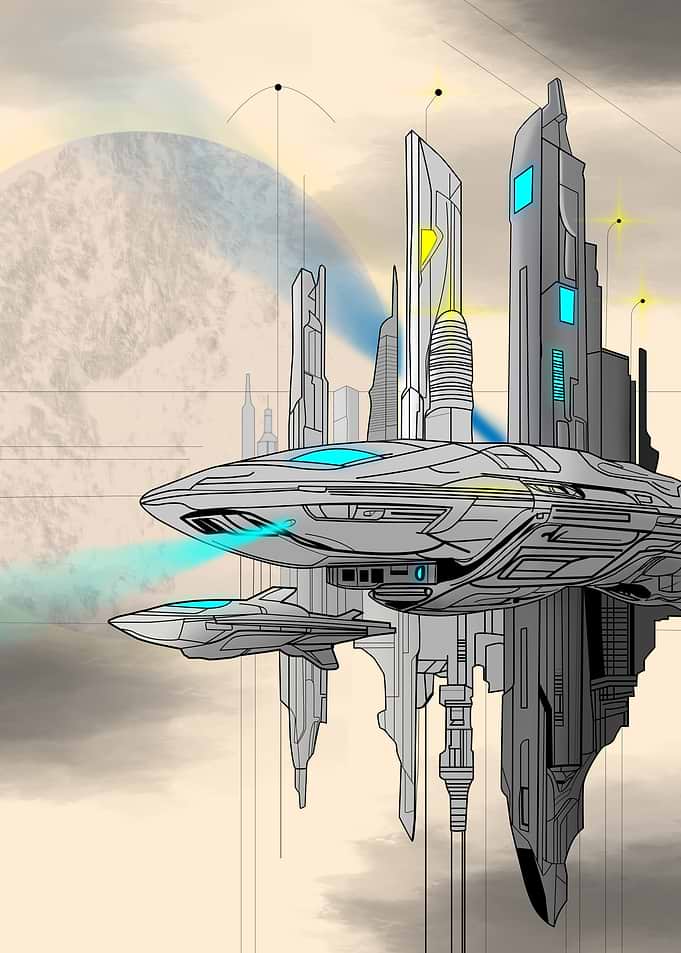 Futuristic Cityscape with Spaceships