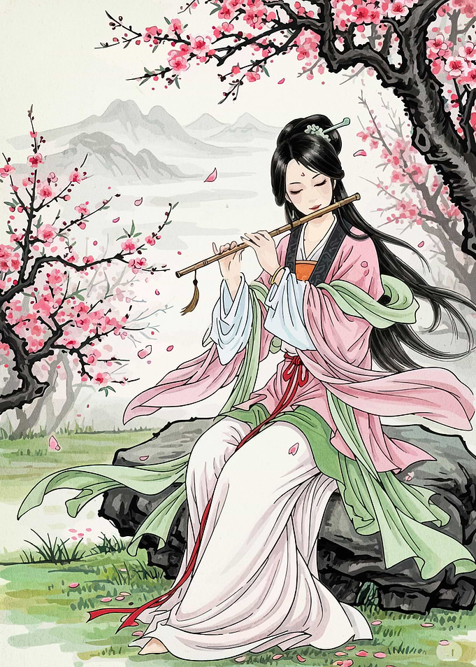 Asian Woman Playing Flute in Garden