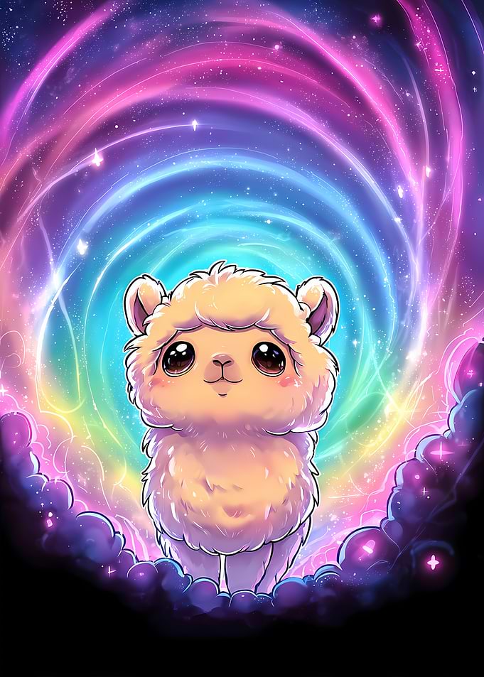 Cute Alpaca in Cosmic Vortex Background