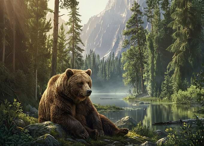 Brown Bear by Mountain in Forest at Lake Nature