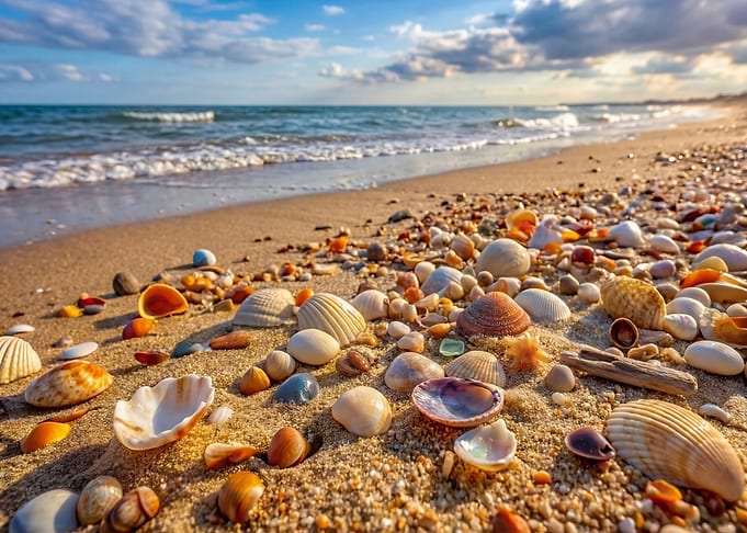 Seashells on a sandy Sea Beach