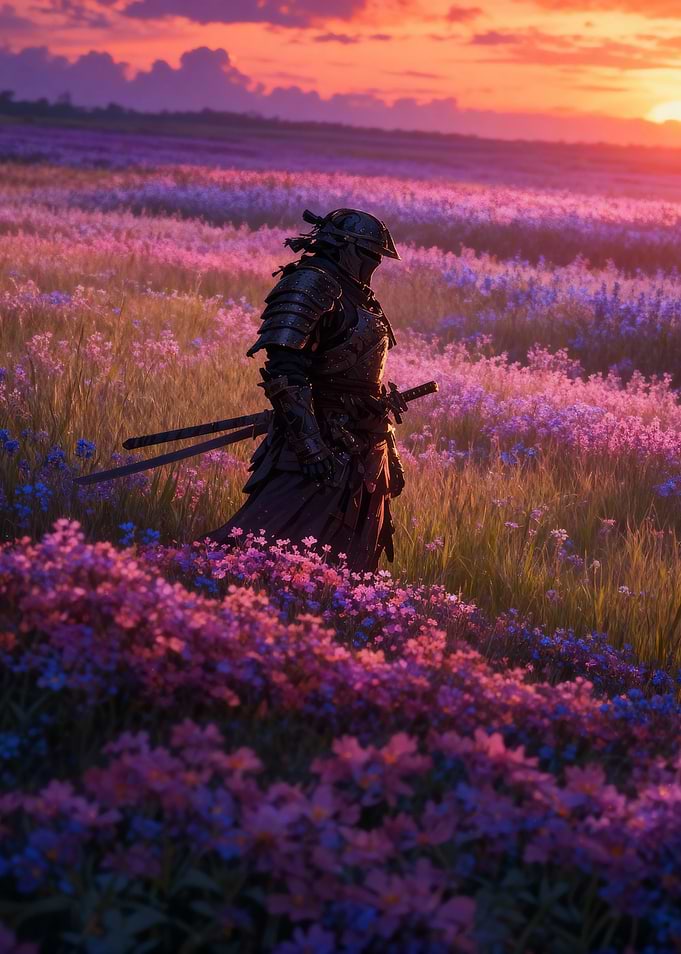Samurai in Flower Field at Sunset