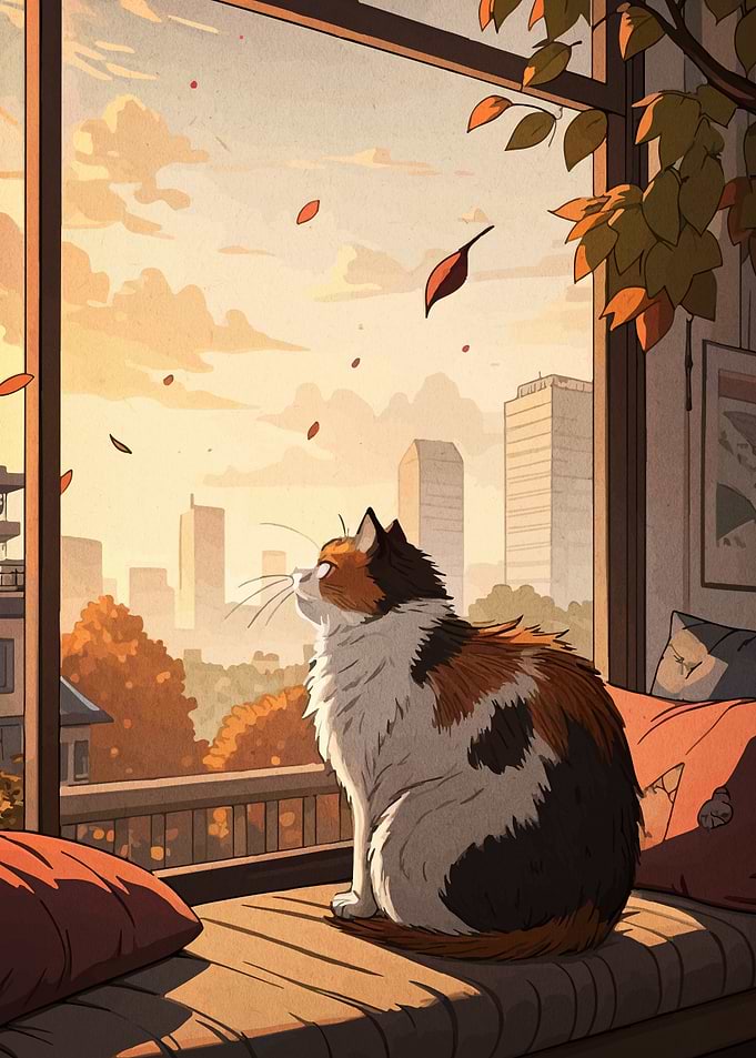 Cat gazing out window during autumn