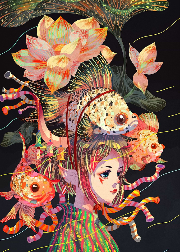 Fish Girl with Lotus Flowers