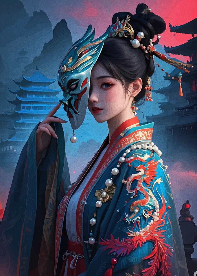 Asian Woman with Mask and Dragon