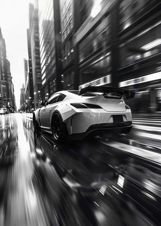 White Sports Car Speeding in City