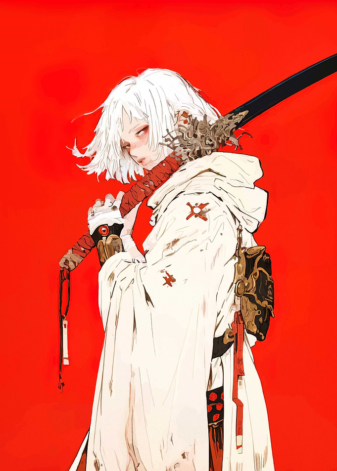 White-haired warrior with katana on red