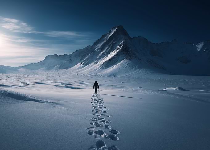 Solitary Figure in Snowy Mountain Landscape