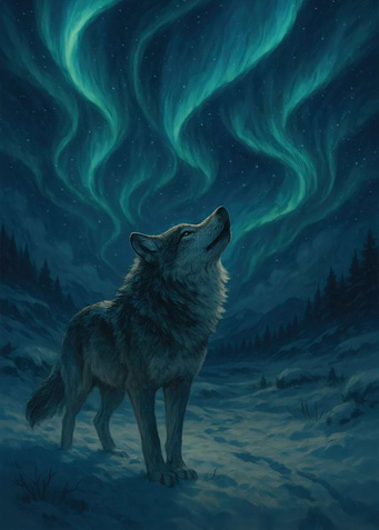 Wolf howling at the Aurora Borealis