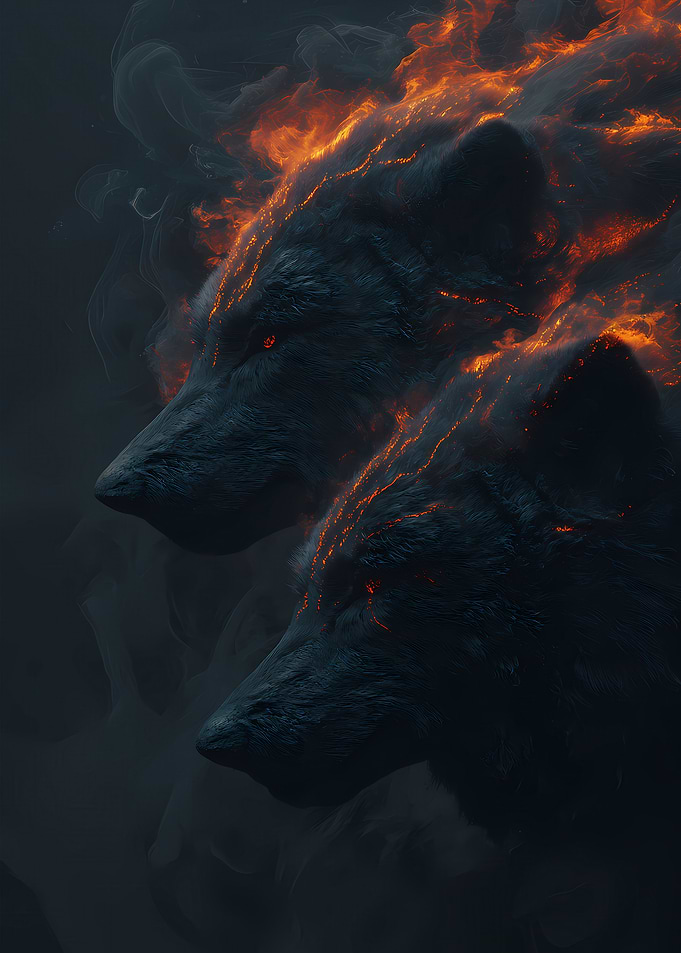 Two Nordic Fire Wolves Ablaze