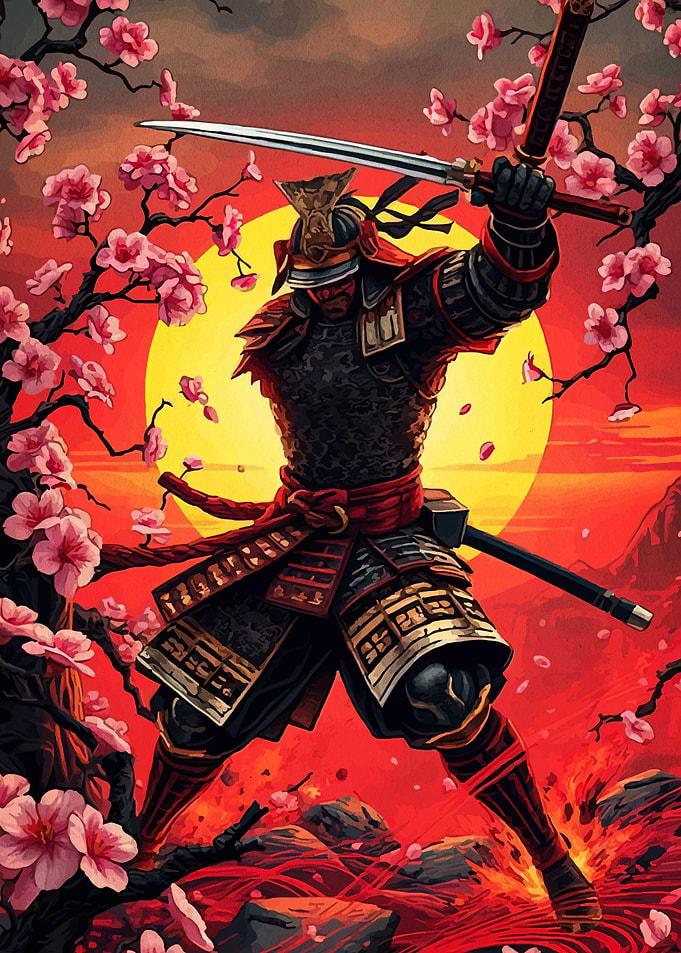 Samurai Warrior with Sword and Cherry Blossoms