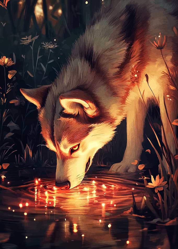 Wolf drinking water in the forest