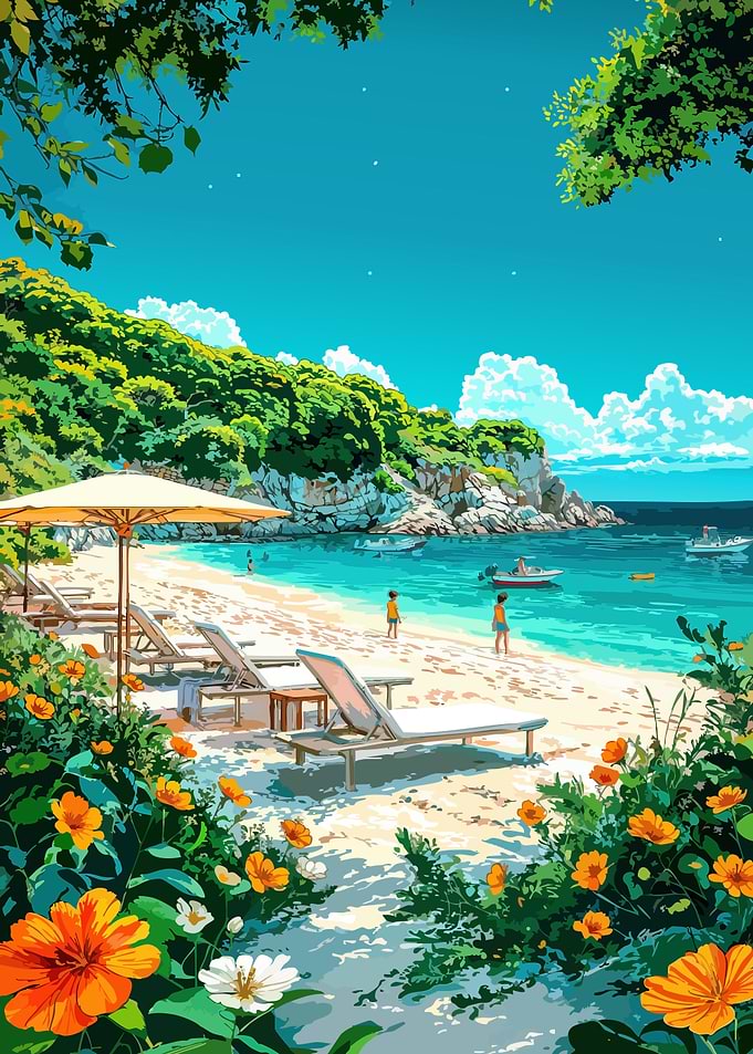 Tropical Beach Paradise with Lounge Chairs