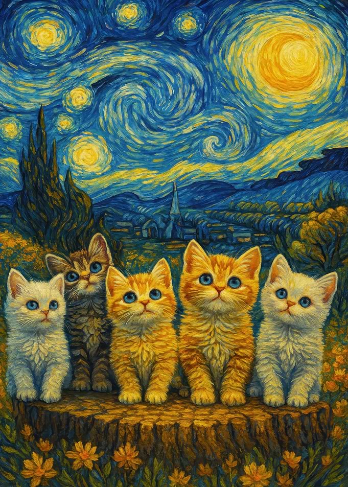 Kittens in Starry Night Style