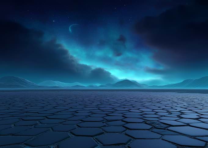 Blue Hexagonal Landscape with Crescent Moon